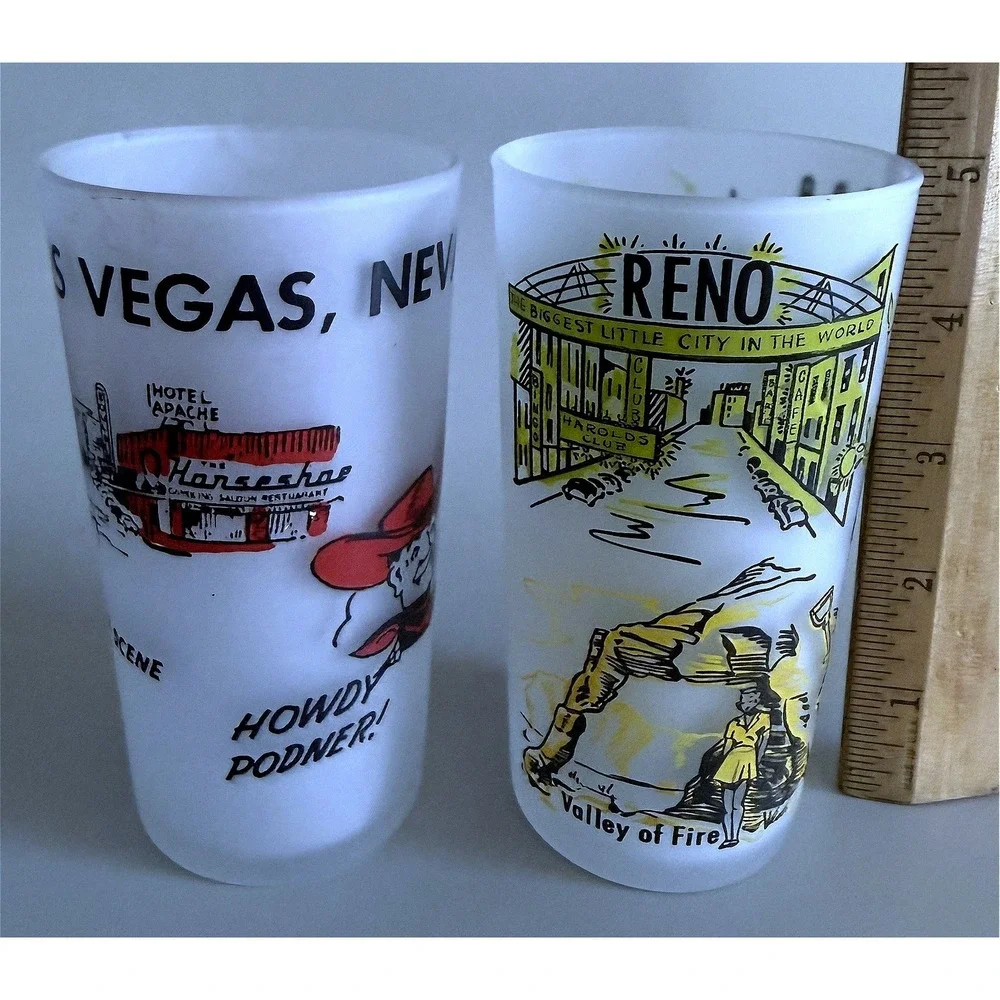 Nevada Vtg 60s Las Vegas & Reno Beverage Frosted Glass Tumblers Enamel Paint 5